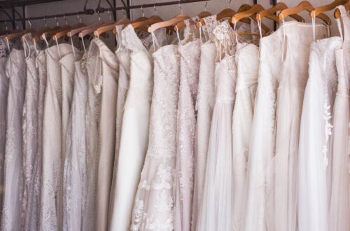 A row of wedding dresses